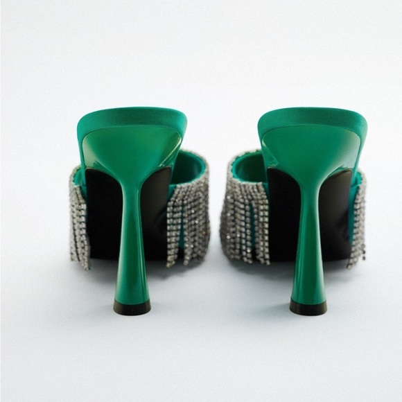 NWT. Zara Green Sparkly Heeled Sandals with Rhinestone Fringe. Size 9. - Picture 2 of 6